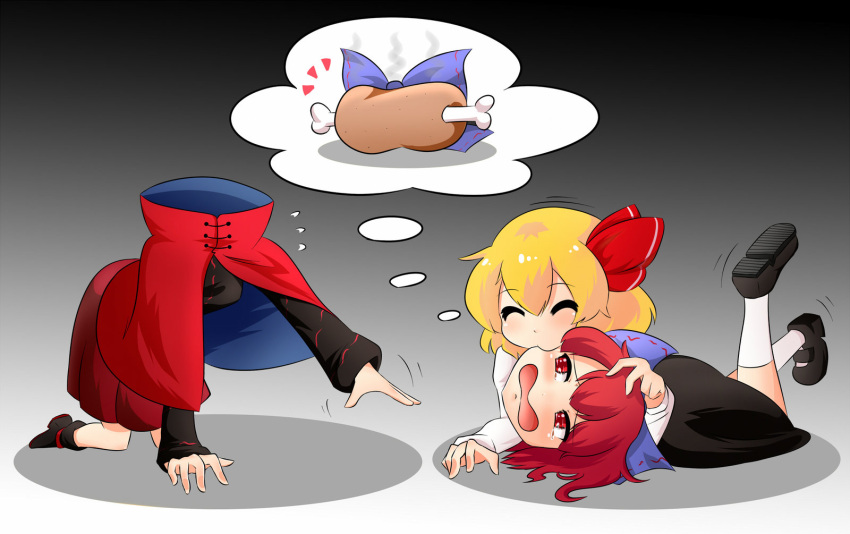 2girls biting blonde_hair bone cape food hair_ribbon headless highres meat miwol multiple_girls on_stomach red_eyes redhead ribbon rumia searching sekibanki short_hair simple_background tagme tears thought_bubble touhou