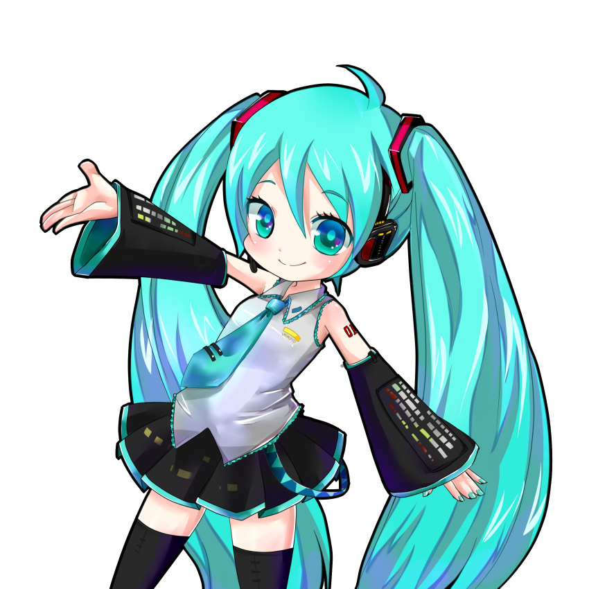 1girl absurdres aqua_eyes aqua_hair chibi detached_sleeves hatsune_miku headset highres long_hair necktie outstretched_arm simple_background skirt smile solo thighhighs twintails very_long_hair vocaloid white_background wikumi