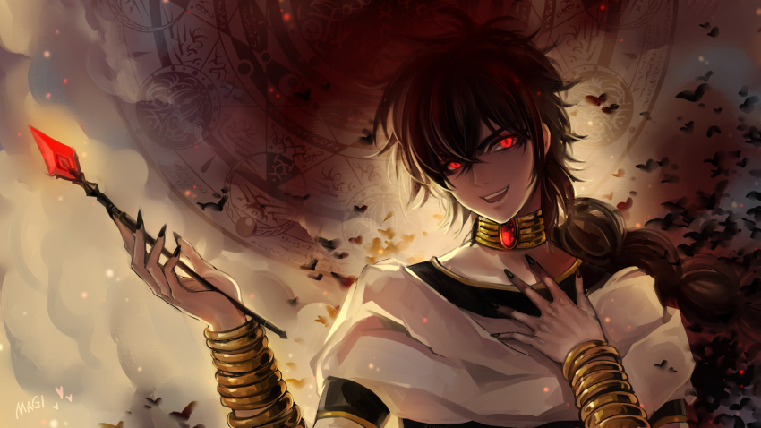 1boy black_hair blue_hair braid hand_on_own_chest highres huazha01 jewelry judal long_hair looking_at_viewer magi_the_labyrinth_of_magic male open_mouth red_eyes single_braid smile wand