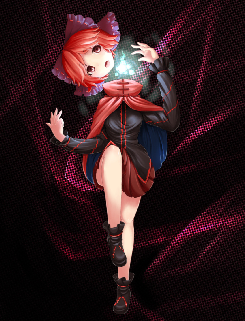 1girl bare_legs black_background bow cape furim hair_bow headless highres knee_up layered_dress long_sleeves looking_at_viewer no_socks open_mouth red_eyes redhead sekibanki shoes short_hair solo touhou