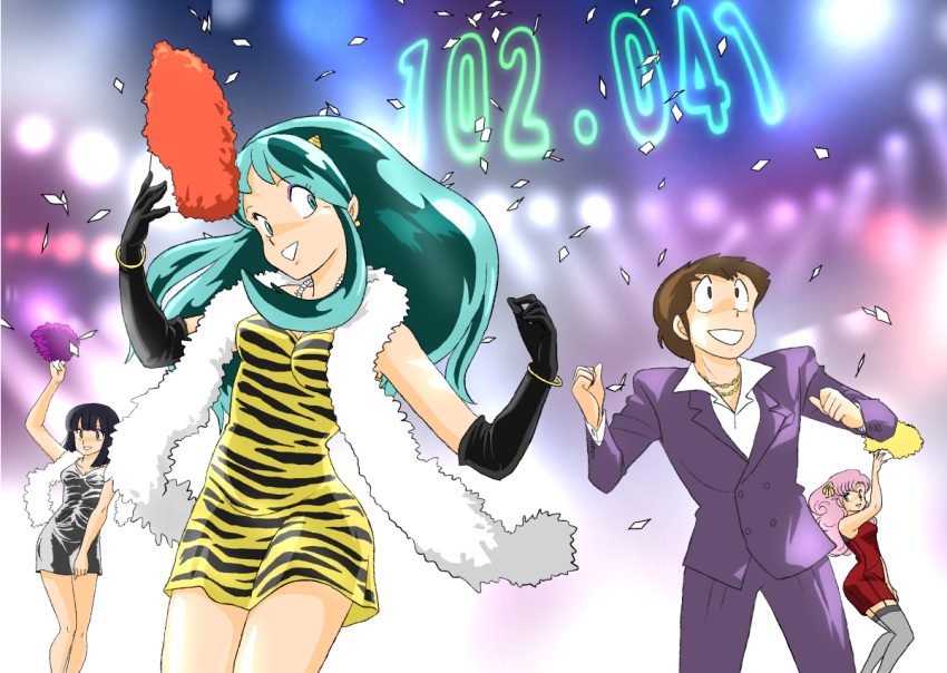 1boy 3girls brown_hair confetti dress elbow_gloves eyeshadow fan gloves green_eyes green_hair horns lum makeup miyake_shinobu moroboshi_ataru multiple_girls pink_hair ran_(urusei_yatsura) short_dress tiger_print uesuto_(westriver) urusei_yatsura