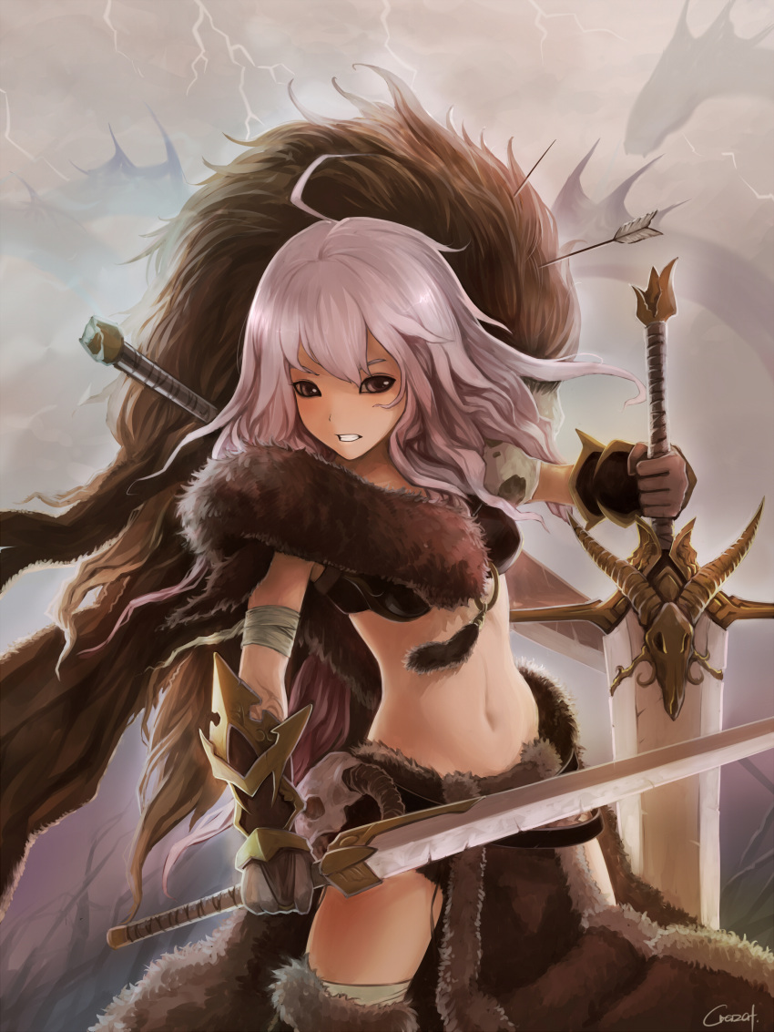 1girl absurdres brown_eyes crazat gauntlets genderswap greek_mythology hercules highres long_hair navel purple_hair skull solo sword warrior weapon