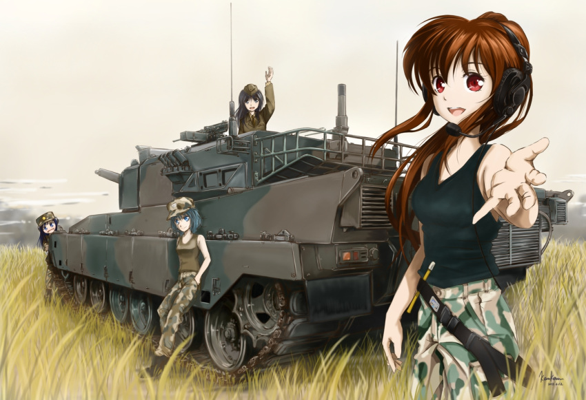 4girls bare_shoulders black_hair blue_eyes blue_hair brown_hair caterpillar_tracks garrison_cap grass green_eyes gun hand_in_pocket hat headset kem_kem long_hair looking_at_viewer machine_gun military military_uniform military_vehicle multiple_girls necktie original outstretched_hand peeking_out ponytail purple_hair radio_antenna red_eyes short_hair smile soldier tank tank_top type_90_kyu-maru uniform vehicle waving weapon