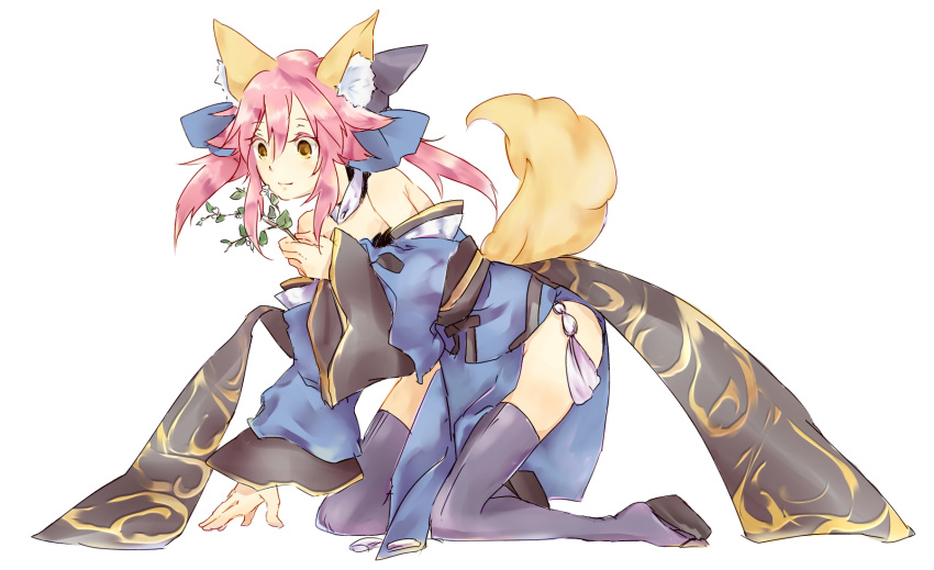 1girl animal_ears bare_shoulders black_legwear bow breasts caster_(fate/extra) cleavage clog_sandals detached_sleeves eitona fate/extra fate_(series) flower fox_ears fox_tail hair_bow hair_ribbon highres japanese_clothes pink_hair ribbon smile solo tail thigh-highs twintails yellow_eyes