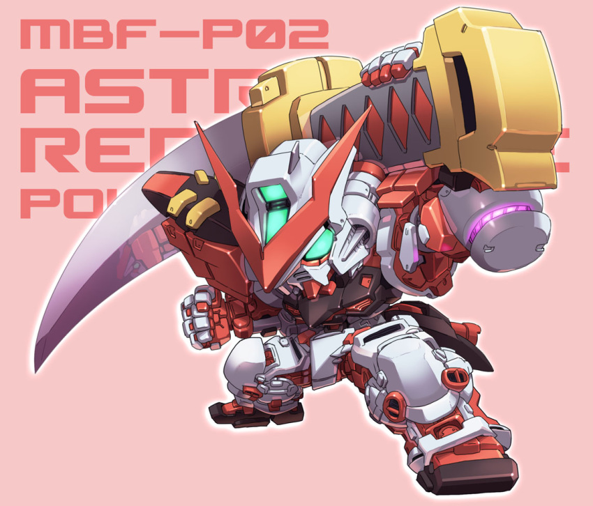 carrying_over_shoulder character_name chibi clenched_hand gundam gundam_astray_red_frame gundam_seed gundam_seed_astray huge_weapon katana king_of_unlucky mecha no_humans pink_background reflection simple_background solo sword weapon