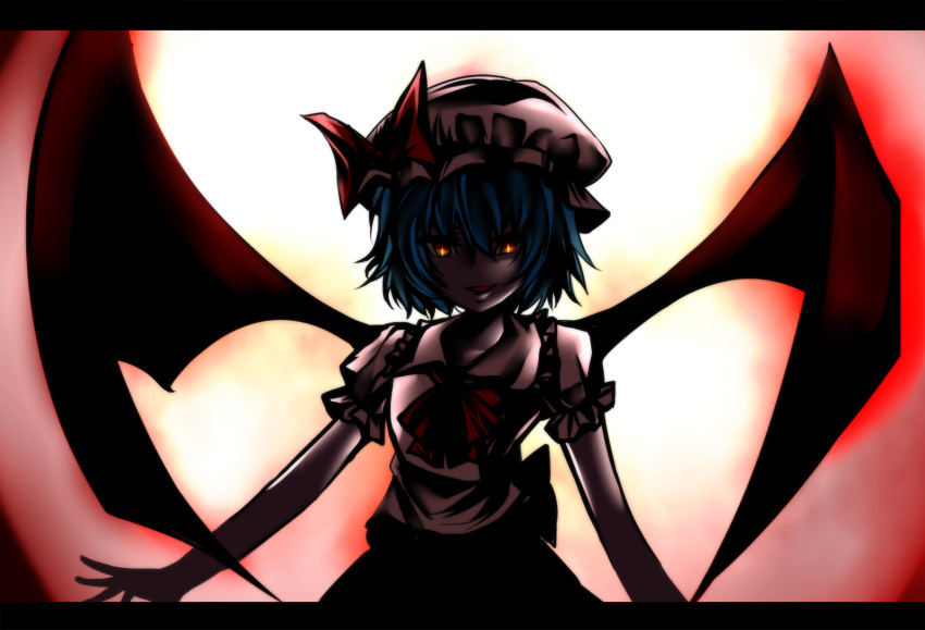 1girl bat_wings blue_eyes bow dress glowing glowing_eyes hat hat_bow highres letterboxed moon red_eyes red_moon remilia_scarlet shade shaded_face solo touhou wings yagami_(mukage)