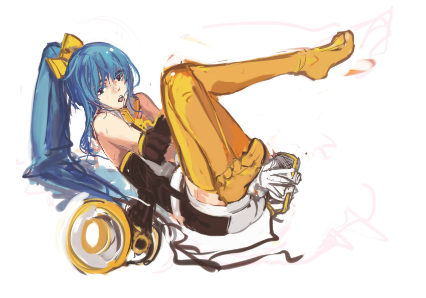 1girl anime_revolution aqua_hair bare_shoulders eyelashes hair_in_mouth hair_ornament highres legs_up long_hair looking_at_viewer mascot megaphone microphone no_shoes on_back original pan!ies ponytail rough senkaku_mei solo sweat thigh-highs toes unitard violet_eyes yellow_legwear