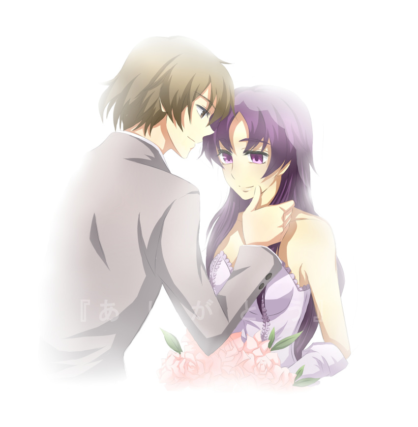 1boy 1girl absurdres bare_shoulders bouquet brown_eyes brown_hair dress elbow_gloves flower formal gloves hand_on_another's_face highres long_hair married mirai_nikki nishijima_masumi purple_hair simple_background smile suit uryuu_minene veil violet_eyes wedding_dress white_background