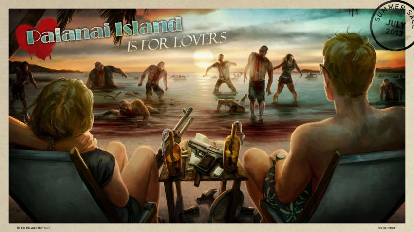 1boy 1girl 2013 beach blonde_hair blood bracelet bullet copyright_name dated dead_island dead_island_riptide english from_behind glasses gun hammer highres jewelry lighter molotov_cocktail pipe postcard sandals sitting steam_(platform) sunset swim_trunks topless watch watch weapon zombie