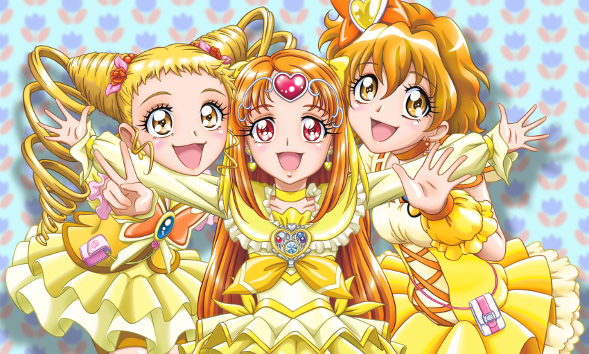 3girls :d blonde_hair blue_background bow brooch brown_eyes choker circlet color_connection cure_lemonade cure_muse_(yellow) cure_pine double_bun drill_hair fresh_precure! frills hair_bow happy heart jewelry kasugano_urara long_hair magical_girl momoiro_koume multiple_girls open_mouth orange_hair outstretched_arms precure red_eyes shirabe_ako short_hair skirt smile spread_arms suite_precure twin_drills twintails v wrist_cuffs yamabuki_inori yellow_eyes yes!_precure_5