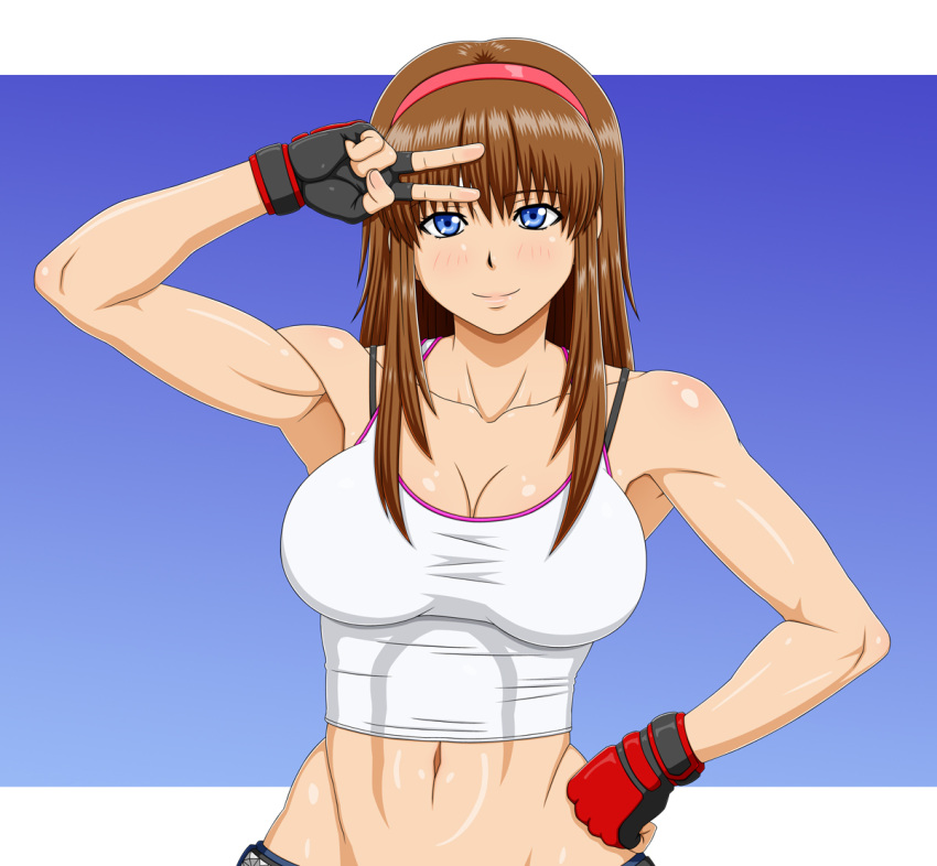 1girl blue_eyes blush breasts brown_hair cleavage crop_top dead_or_alive fingerless_gloves gloves hairband hand_on_hip hitomi large_breasts long_hair makani_kohitujito muscle salute smile solo toned v