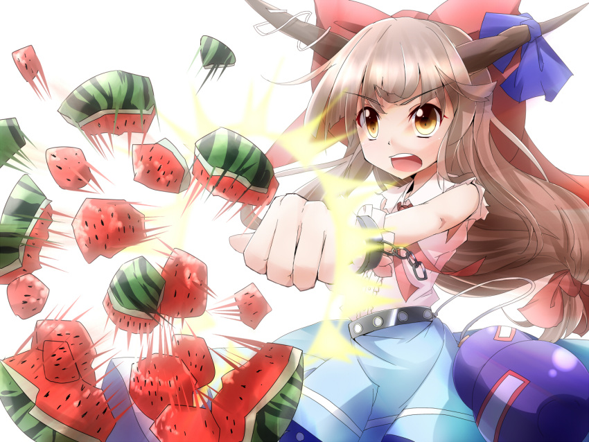 1girl alternate_hair_color belt bow brown_hair chain clenched_hand cuffs food foreshortening fruit gourd hair_bow hiro_(pqtks113) horn_ribbon horns ibuki_suika long_hair looking_away manacles motion_lines open_mouth ribbon seed shattering simple_background skirt sleeveless sleeveless_shirt solo touhou very_long_hair watermelon white_background yellow_eyes