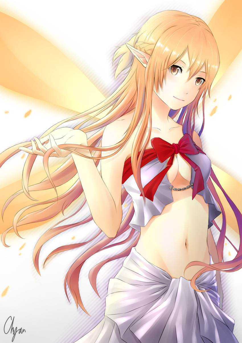 1girl absurdres asuna_(sao) bare_shoulders brown_eyes brown_hair elf highres long_hair navel ng pointy_ears sword_art_online titania_(sao) yuuki_asuna