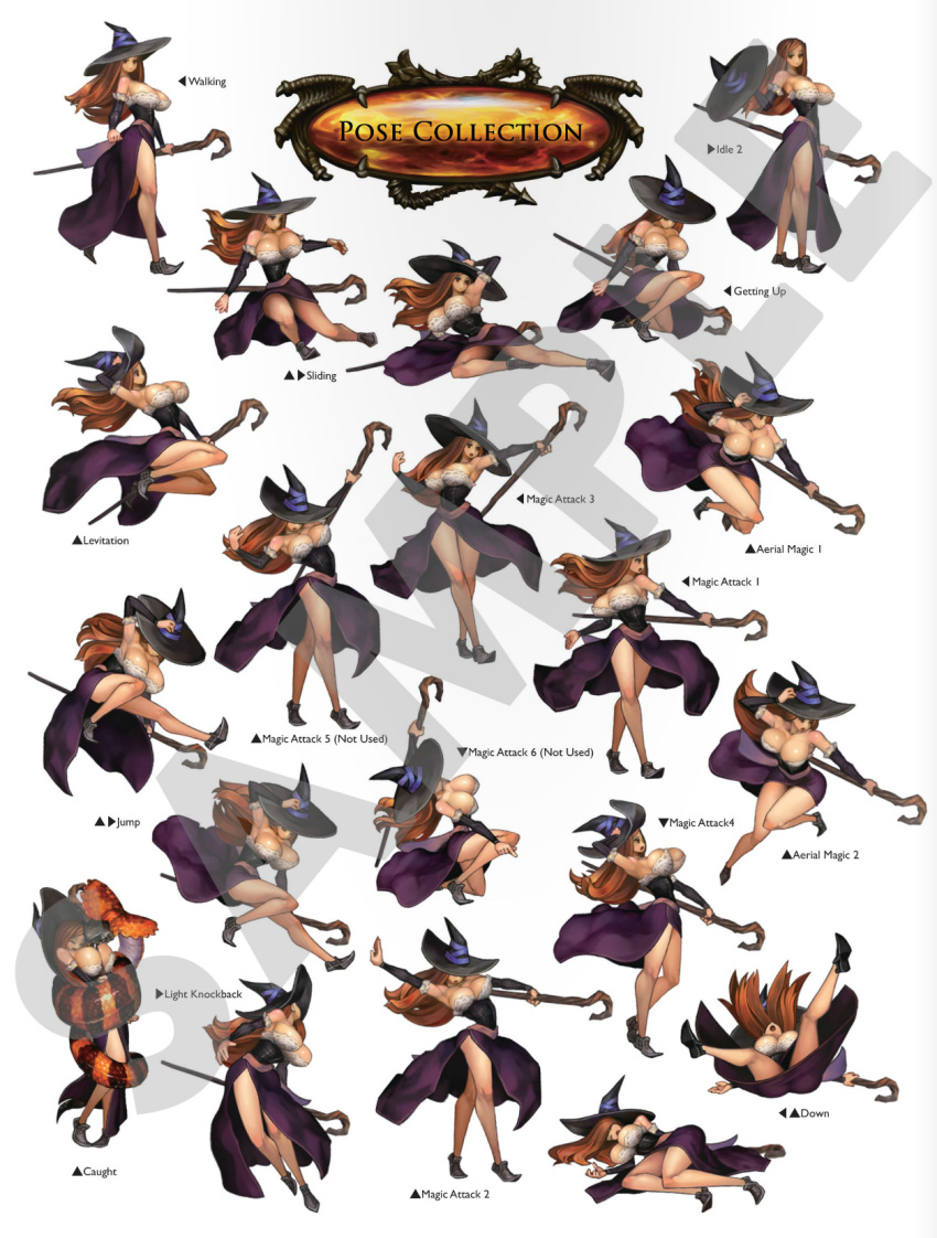 1girl bare_legs breasts cleavage concept_art detached_sleeves fallen_down hard_translated hat hat_removed headwear_removed highres huge_breasts levitation long_hair long_skirt official_art one_knee pixel_art pointy_shoes redhead restrained sample side_slit skirt slender_waist sliding snake solo sorceress_(dragon's_crown) sprite_sheet staff strapless translated unconscious vanillaware walking witch_hat