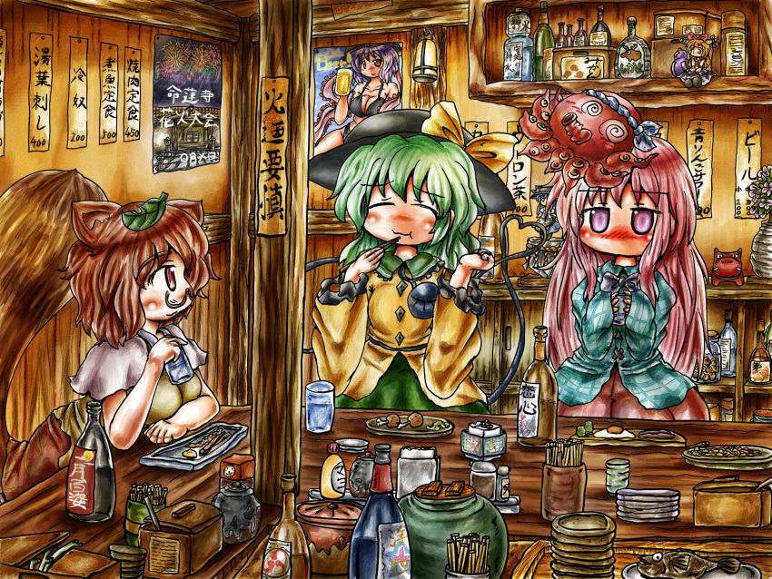 3girls :t alternate_costume animal_ears arm_rest bikini blouse bottle breasts brown_hair capelet chopsticks cleavage closed_eyes cup eating facing_viewer figure fish food fried_egg futatsuiwa_mamizou glass glasses green_hair hat hat_ribbon hata_no_kokoro highres hinanawi_tenshi indoors jar keystone komeiji_koishi leaf leaf_on_head light long_sleeves looking_at_another looking_at_viewer mask meat moose mug multiple_girls nagae_iku no_mouth octopus pink_hair plate poster_(object) raccoon_ears raccoon_tail ribbon semi-rimless_glasses shawl shide shimenawa short_hair short_sleeves skirt soy_sauce swimsuit table tail third_eye touhou tray under-rim_glasses violet_eyes ys_(ytoskyoku-57)