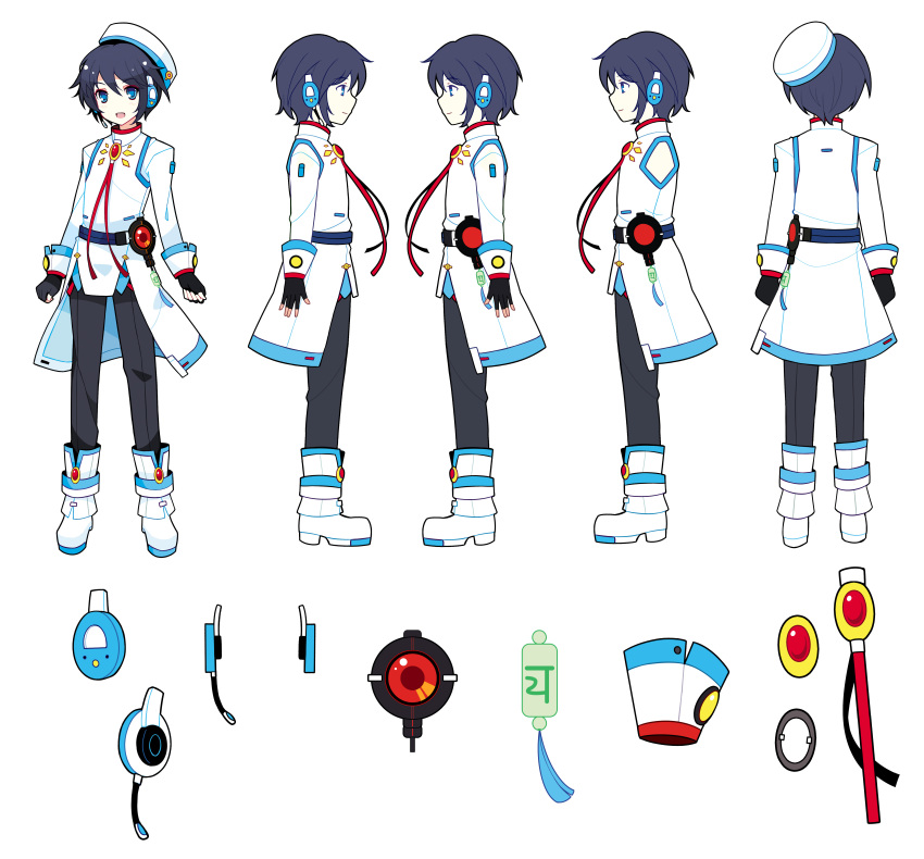 1boy absurdres androgynous black_hair blue_eyes fingerless_gloves gloves hat headphones headset highres ideolo looking_at_viewer male official_art open_mouth pants short_hair simple_background turnaround vocaloid vocaloid_china white_background zhiyu_moke