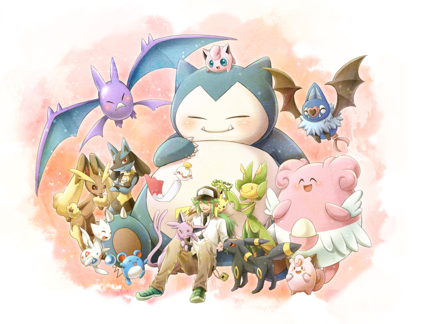 1boy blissey chimecho clefairy crobat espeon green_hair hat highres holiday-jin jigglypuff leavanny lopunny lucario marill n_(pokemon) pikachu pokemon pokemon_(creature) pokemon_(game) snorlax swoobat togetic umbreon