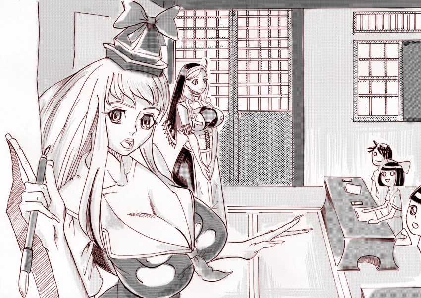 2girls ahoge azibuda breasts character_request child classroom cleavage habit highres kamishirasawa_keine large_breasts long_hair monochrome multiple_girls paintbrush pointing tatami touhou traditional_media v_arms