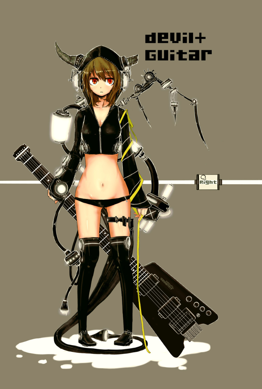 1girl guitar highres horns ico_(green_bullet) instrument looking_at_viewer original red_eyes short_hair simple_background solo steinberger tail