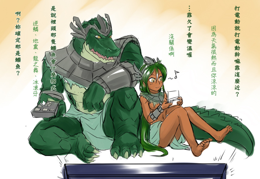 barefoot bracelet breasts chinese controller dark_skin dual_persona genderswap green_hair hairband handheld jewelry league_of_legends long_hair musical_note nam_(valckiry) personification ponytail remote_control renekton spoken_musical_note television translated under_boob yellow_eyes