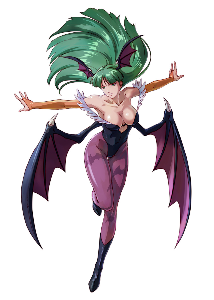 1girl absurdres anime_coloring armpits artist_request bare_shoulders bat_wings boots breasts bridal_gauntlets cleavage clothing_cutout cutout_above_navel demon_girl elbow_gloves floating_hair full_body gloves green_eyes green_hair head_wings heart_cutout highres large_breasts leotard long_hair looking_away morrigan_aensland off-shoulder_leotard off_shoulder official_art outstretched_arms pantyhose print_legwear project_x_zone purple_legwear simple_background solo spread_arms standing_on_one_leg strapless strapless_leotard succubus vampire_(game) white_background wings