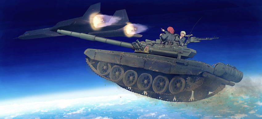 2girls afterburner airplane braid caterpillar_tracks covering_mouth dust_cloud earasensha earth flying green_hair gun hand_over_own_mouth holster long_hair looking_at_another machine_gun military military_uniform military_vehicle multiple_girls original pointing radio_antenna redhead short_hair sky smile space sr-71 t-72 tank uniform vehicle weapon