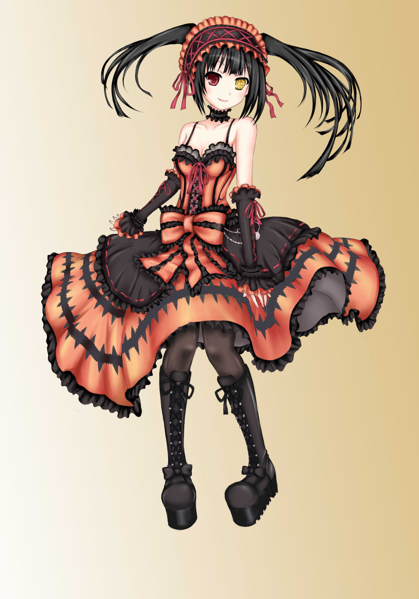 1girl absurdres bare_shoulders black_hair boots breasts cleavage clock_eyed date_a_live dress gradient gradient_background hairband heterochromia highres lin_yu lolita_fashion lolita_hairband long_hair looking_at_viewer red_eyes ribbon smile solo tokisaki_kurumi twintails yellow_eyes