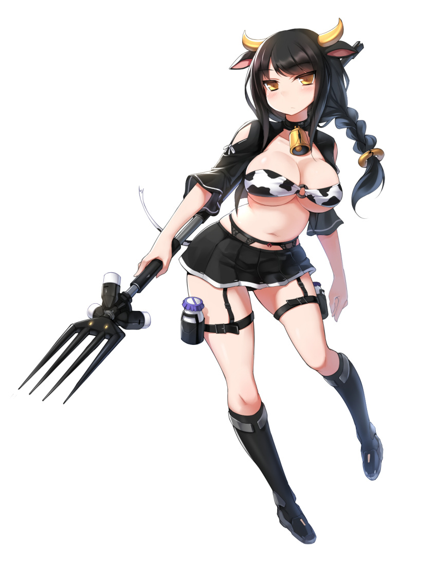 1girl animal_ears bell bell_collar black_hair boots bottle braid breasts cleavage collar cow_bell cow_ears cow_girl cow_tail garter_belt garter_straps highres horns knee_boots large_breasts long_hair looking_at_viewer milk_bottle navel original pitchfork ponytail simple_background single_braid solo tail thigh_strap weapon white_background yellow_eyes zenn