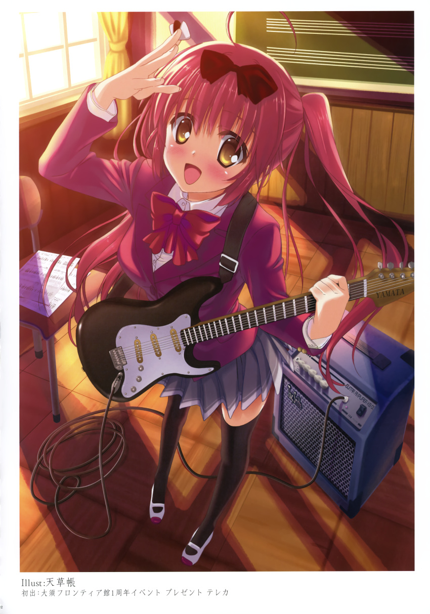 1girl :d absurdres amplifier artist_request black_legwear blush chair chalkboard classroom electric_guitar foreshortening guitar highres instrument open_mouth pink_hair smile tagme thigh-highs twintails wooden_floor yellow_eyes