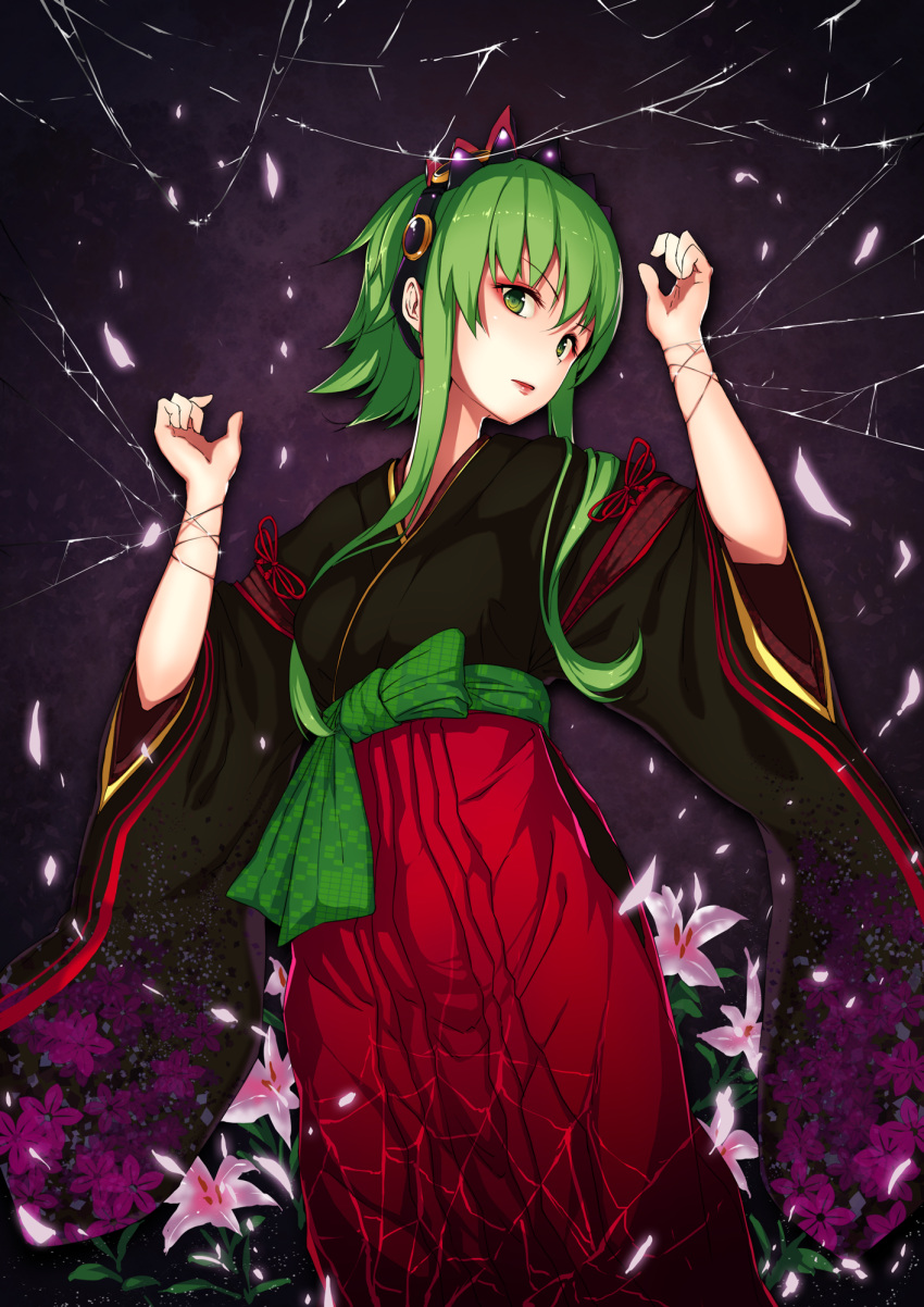 1girl flower green_eyes green_hair gumi highres japanese_clothes juu. kimono long_hair looking_at_viewer solo spider_web tied vocaloid