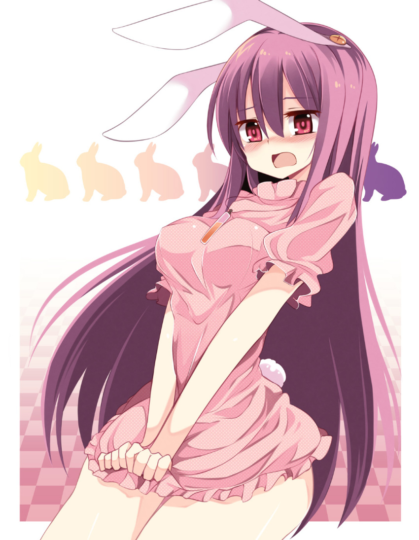 1girl animal_ears blush breasts bunny_tail carrot dress dress_tug highres inaba_tewi inaba_tewi_(cosplay) jewelry long_hair matsuri_uta open_mouth pendant pink_dress purple_hair rabbit rabbit_ears red_eyes reisen_udongein_inaba solo tail touhou v_arms