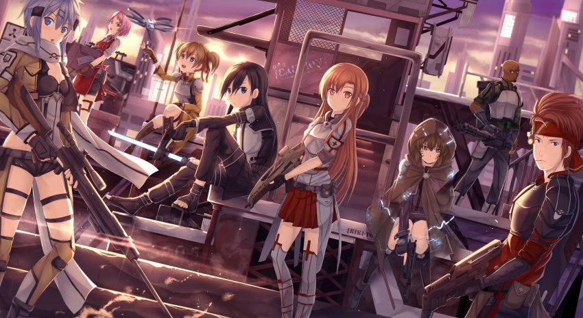 3boys 5girls agil asuna_(sao) character_request everyone gun highres kirito kirito_(sao-ggo) klein lisbeth multiple_boys multiple_girls rizky_(strated) shinon_(sao) silica sword_art_online weapon yuuki_asuna