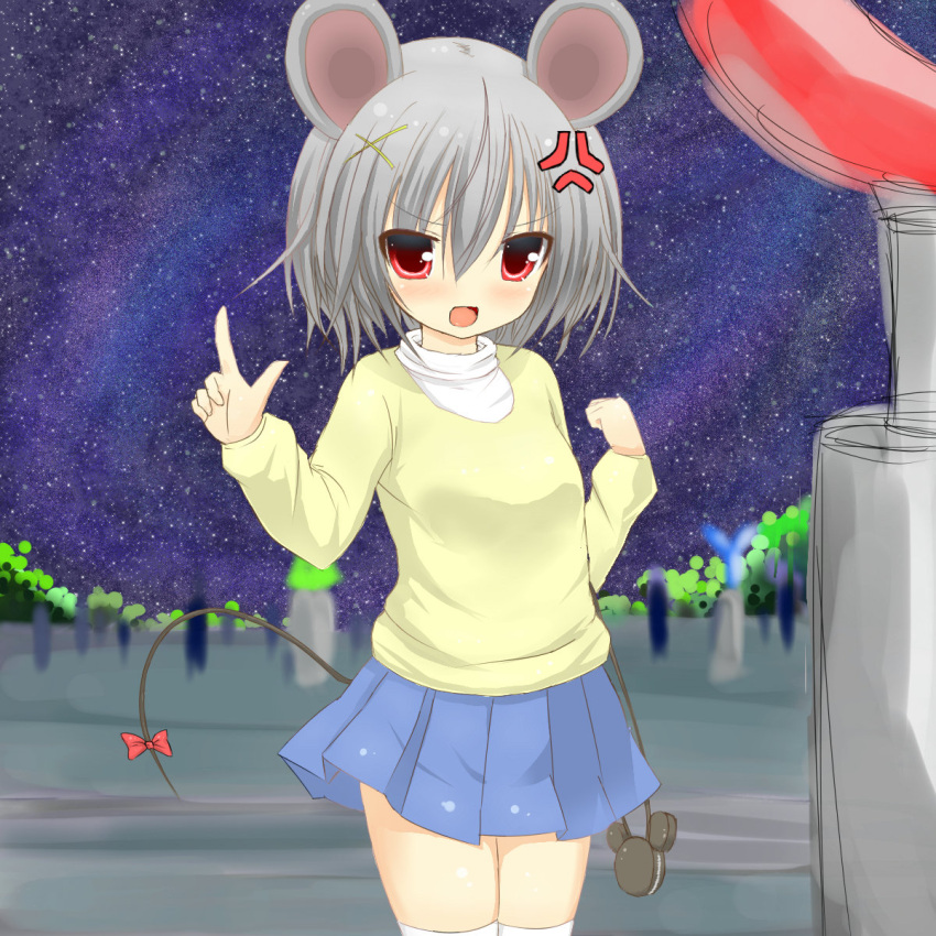 1girl 5240mosu anger_vein animal_ears blush grey_hair highres looking_at_viewer mouse_ears mouse_tail nazrin open_mouth red_eyes short_hair skirt tail touhou white_legwear
