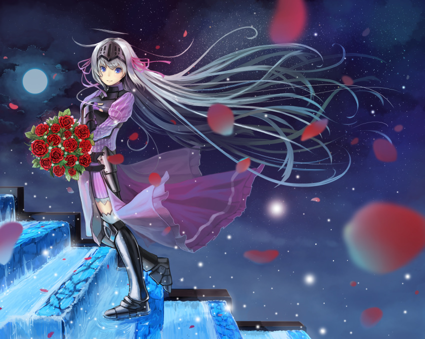 1girl blue_eyes bouquet eucliwood_hellscythe flower full_moon highres juliet_sleeves juu. kore_wa_zombie_desu_ka? long_hair long_sleeves looking_at_viewer moon puffy_sleeves rose smile solo stairs very_long_hair visor_(armor)