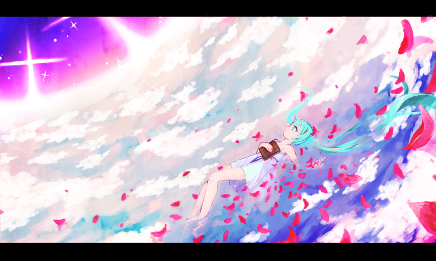 1girl absurdres aqua_hair blue_eyes book clouds dress floating_hair hatsune_miku highres letterboxed long_hair lying on_back petals sky solo twintails very_long_hair vocaloid zombie_neko