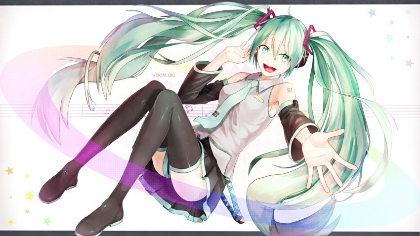 1girl boots copyright_name detached_sleeves green_eyes green_hair hand_on_headphones hatsune_miku headphones highres letterboxed long_hair musical_note necktie open_mouth outstretched_arm p.rupon sitting skirt solo star tattoo thigh-highs thigh_boots twintails very_long_hair vocaloid