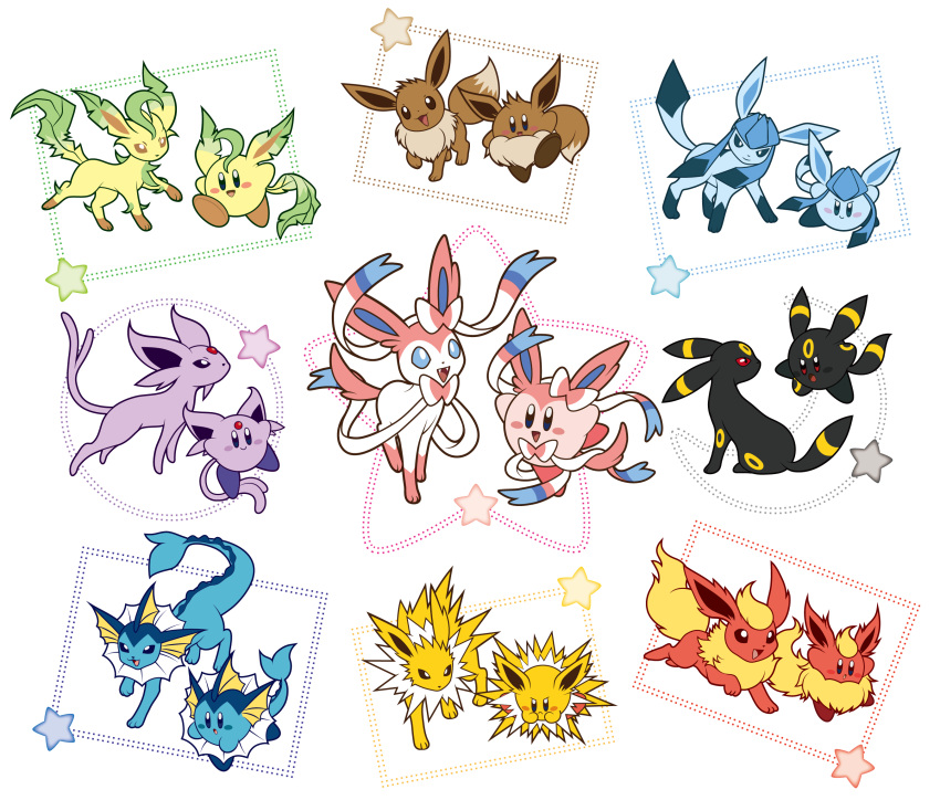 alternate_form crossover eevee espeon flareon glaceon highres jolteon kirby kirby_(series) leafeon no_humans pokemon pokemon_(creature) sakuramochi_(nindoro) star sylveon umbreon vaporeon