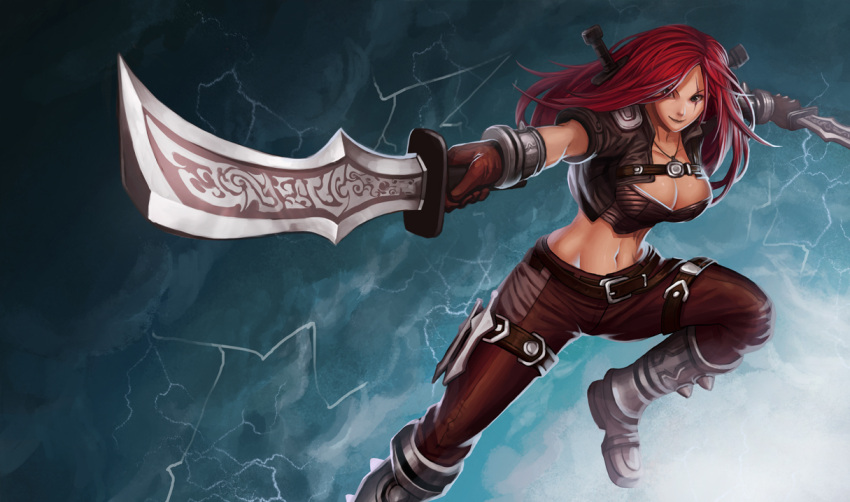 1girl boots breasts cleavage dual_wielding gloves goomrrat green_eyes katarina_du_couteau knife league_of_legends long_hair midriff redhead scar smile solo throwing_knife
