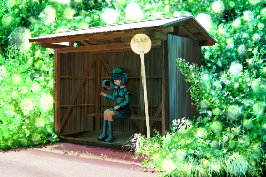 1girl backpack bag bench blue_eyes blue_hair boots bus_stop cucumber fan food forest fruit gin_fuaru grass hair_bobbles hair_ornament hat kawashiro_nitori key looking_at_viewer nature paper_fan rubber_boots short_hair sign sitting skirt skirt_set solo touhou twintails watermelon wink