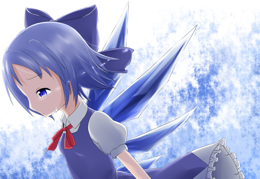 1girl blue_eyes blue_hair cirno hair_ribbon highres ice ice_wings makuran ribbon short_hair solo tears touhou wings