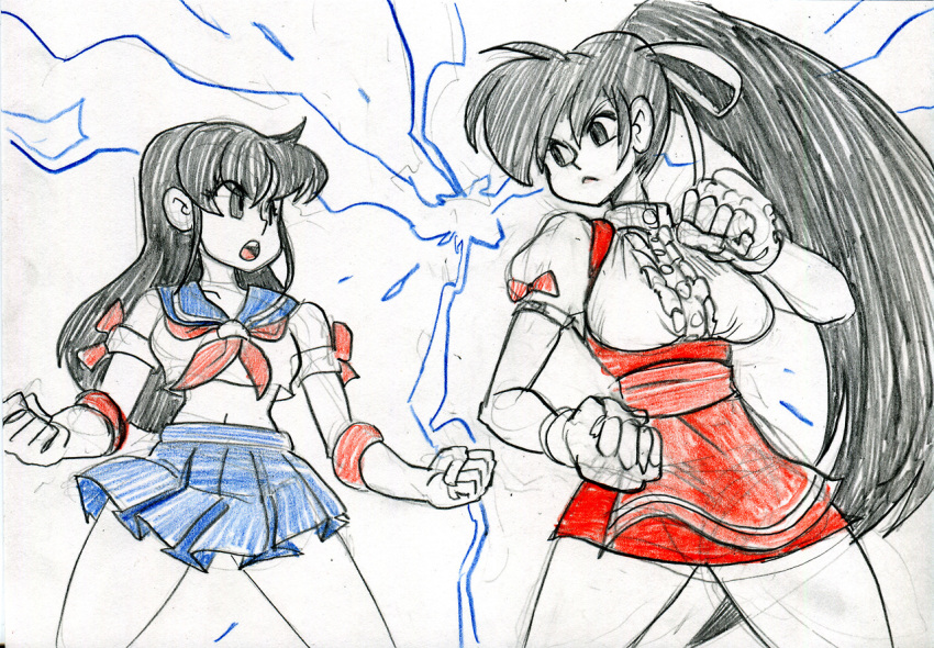 2girls alex_ahad aoki_marin apron black_hair breasts crop_top crossover elbow_gloves eye_contact fighting_stance fingerless_gloves gloves hair_ribbon long_hair looking_at_another midriff minidress multiple_girls open_mouth pencil_crayon_(medium) ribbon school_uniform seifuku_densetsu_pretty_fighter serafuku takeuchi_yuka traditional_media uniform variable_geo very_long_hair waist_apron waitress