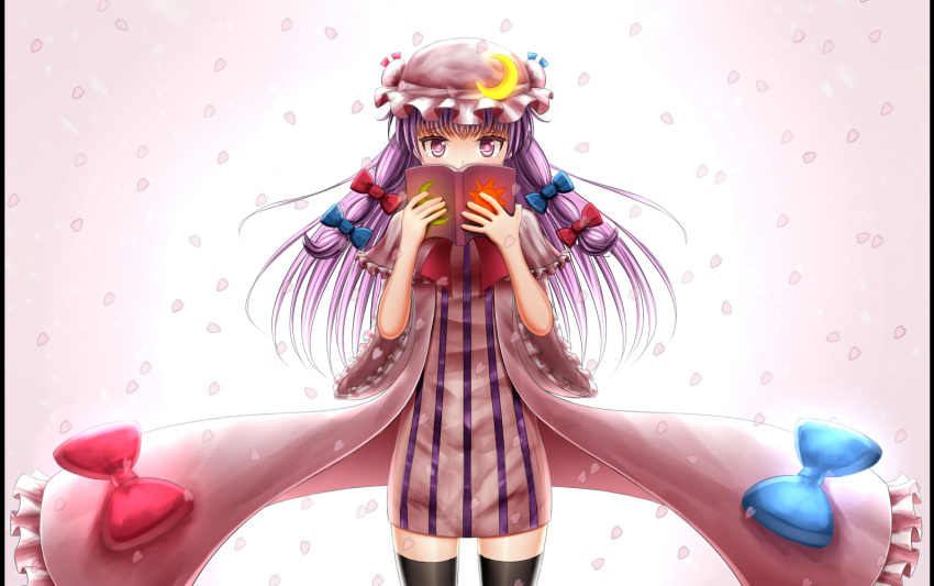 1girl book bow capelet cherry_blossoms covering_mouth crescent dress gin_fuaru gradient gradient_background hair_bow hat hat_ribbon long_hair looking_at_viewer mob_cap open_book patchouli_knowledge petals pillarboxed purple_hair ribbon robe simple_background solo sun tears thigh-highs touhou violet_eyes zettai_ryouiki