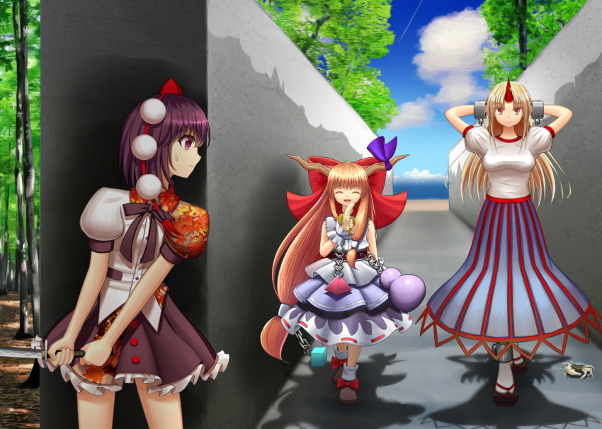 3girls ambush ankle_socks banana belt blonde_hair blouse blue_sky breasts chain closed_eyes clouds condensation_trail crab cube cuffs fang food forest frown fruit geta gin_fuaru gourd hands_on_head hat hiding highres horn_ribbon horns hoshiguma_yuugi ibuki_suika long_hair looking_at_viewer low-tied_long_hair manacles multiple_girls nature open_mouth orange_hair path puffy_short_sleeves puffy_sleeves purple_hair red_eyes ribbon road shadow shameimaru_aya shirt shoes short_hair short_sleeves skirt sky sleeveless smile sweatdrop sword tabi tetrahedron tokin_hat touhou unsheathed very_long_hair walking wall weapon wrist_cuffs