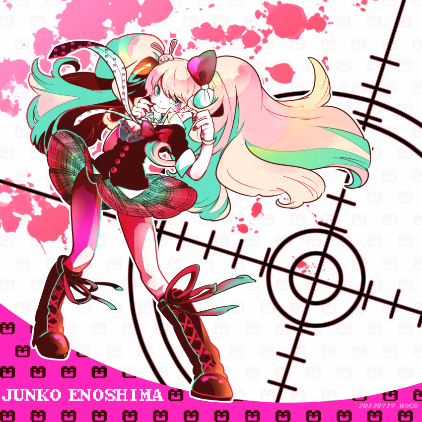 1girl aqua_eyes blood bow character_name dangan_ronpa enoshima_junko hair_bow hair_ornament highres long_hair necktie pink_hair puladread school_uniform skirt sleeves_rolled_up smile solo target twintails