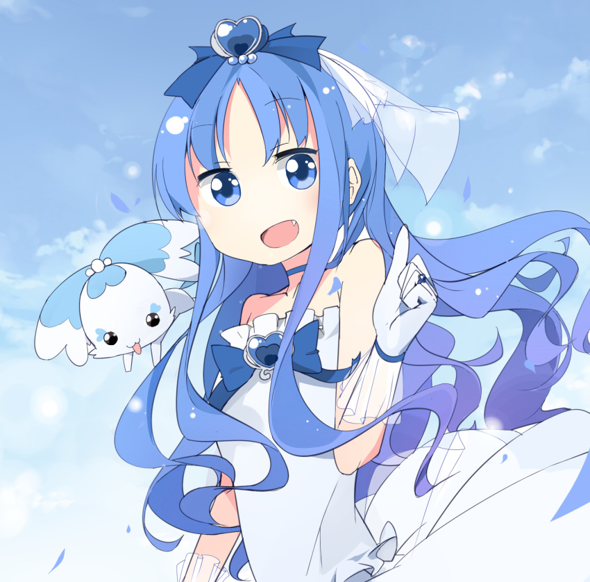 1girl adapted_costume blue_eyes blue_hair choker clouds coffret_(heartcatch_precure!) cure_marine dress fang gloves hair_ornament heart heartcatch_precure! highres jewelry kurumi_erika long_hair magical_girl open_mouth petals precure ribbon ring sky smile sunyukun wedding_dress white_gloves