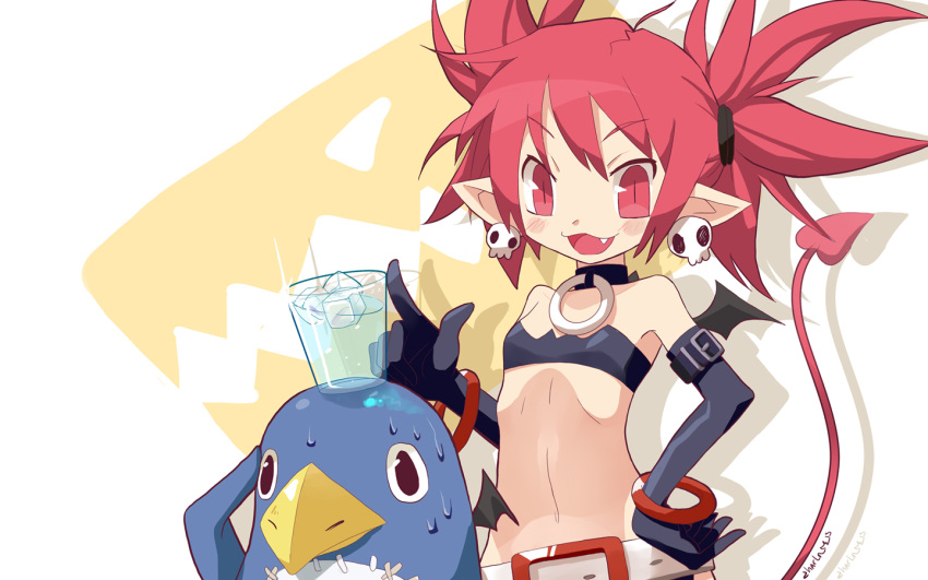 1girl :3 bare_shoulders bat_wings belt blush charln choker demon_tail disgaea elbow_gloves etna fang flat_chest glass gloves hand_on_hip ice_cube looking_at_viewer midriff navel open_mouth pointy_ears prinny red_eyes redhead short_hair tail twintails wings