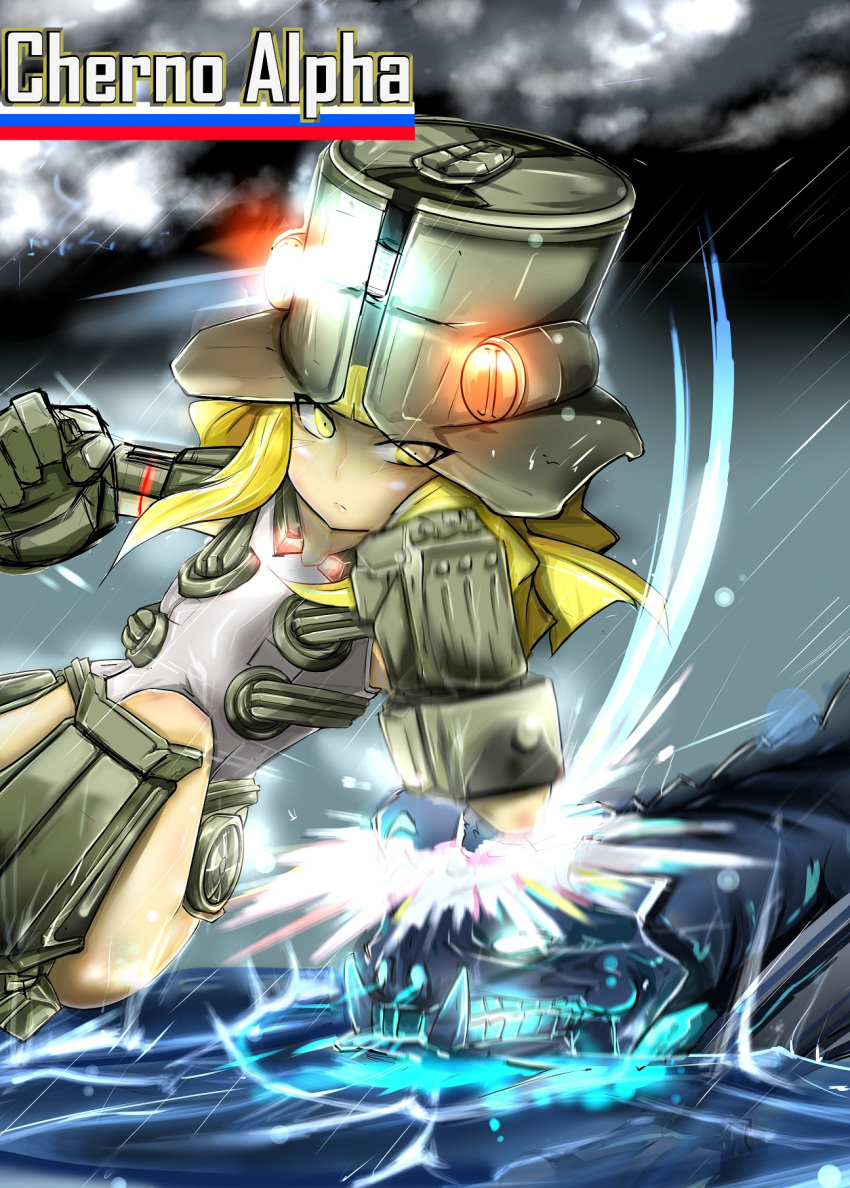 1girl artist_request battle blonde_hair cherno_alpha flat_chest helmet highres kaijuu leatherback long_hair mecha_musume mechanical_arms ocean one-piece_swimsuit pacific_rim personification punching rain swimsuit white_swimsuit yellow_eyes