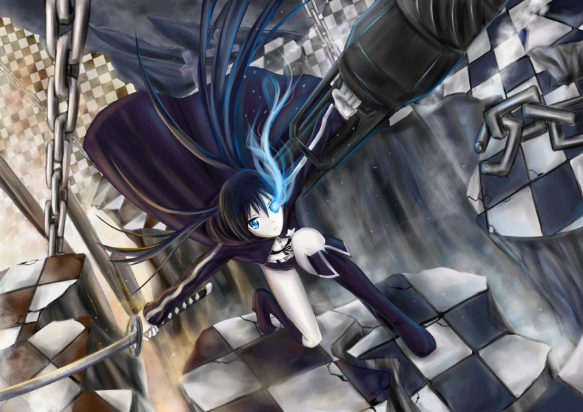 1girl arm_cannon bikini_top black_hair black_rock_shooter black_rock_shooter_(character) blue_eyes boots chain checkered checkered_floor cross glowing glowing_eyes katana long_hair midriff pale_skin rvin shorts solo sword twintails uneven_twintails weapon