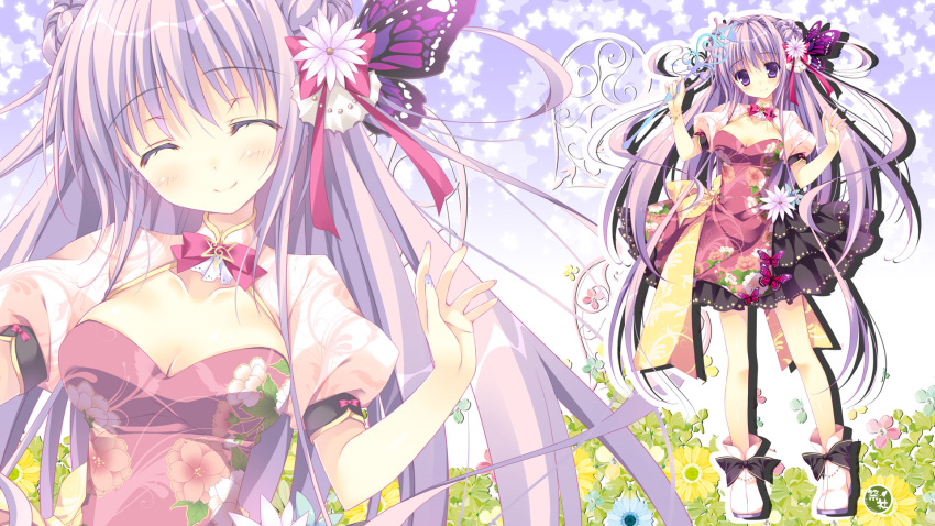 1girl blush bow bracelet breasts butterfly butterfly_hair_ornament closed_eyes floral_print flower hair_ornament highres jewelry key long_hair nail_polish nanaroba_hana original purple_hair scepter shoes smile solo star violet_eyes wallpaper zoom_layer