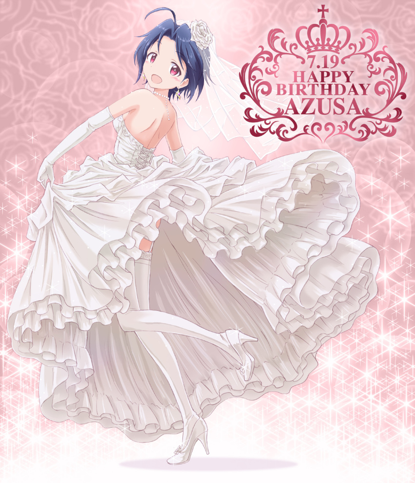 1girl blue_hair breasts bride dress frills garter_belt gathers hair_ornament high_heels highres idolmaster jewelry long_hair miura_azusa necklace outsider_0 pearl_necklace shoes short_hair sparkle wedding_dress